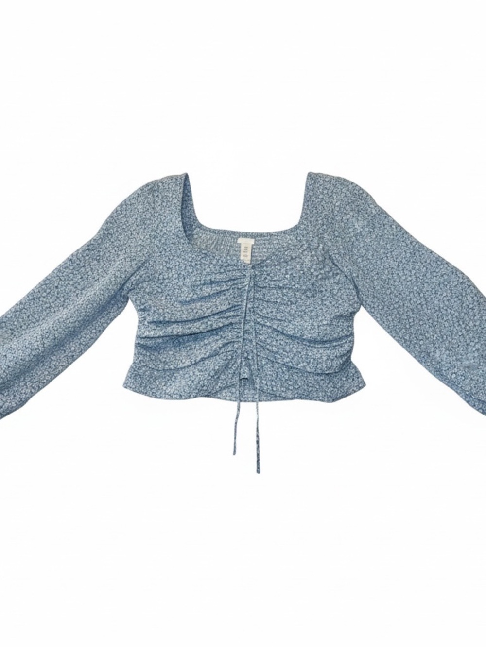 Blue Floral Ruched Square-Neck Crop Top